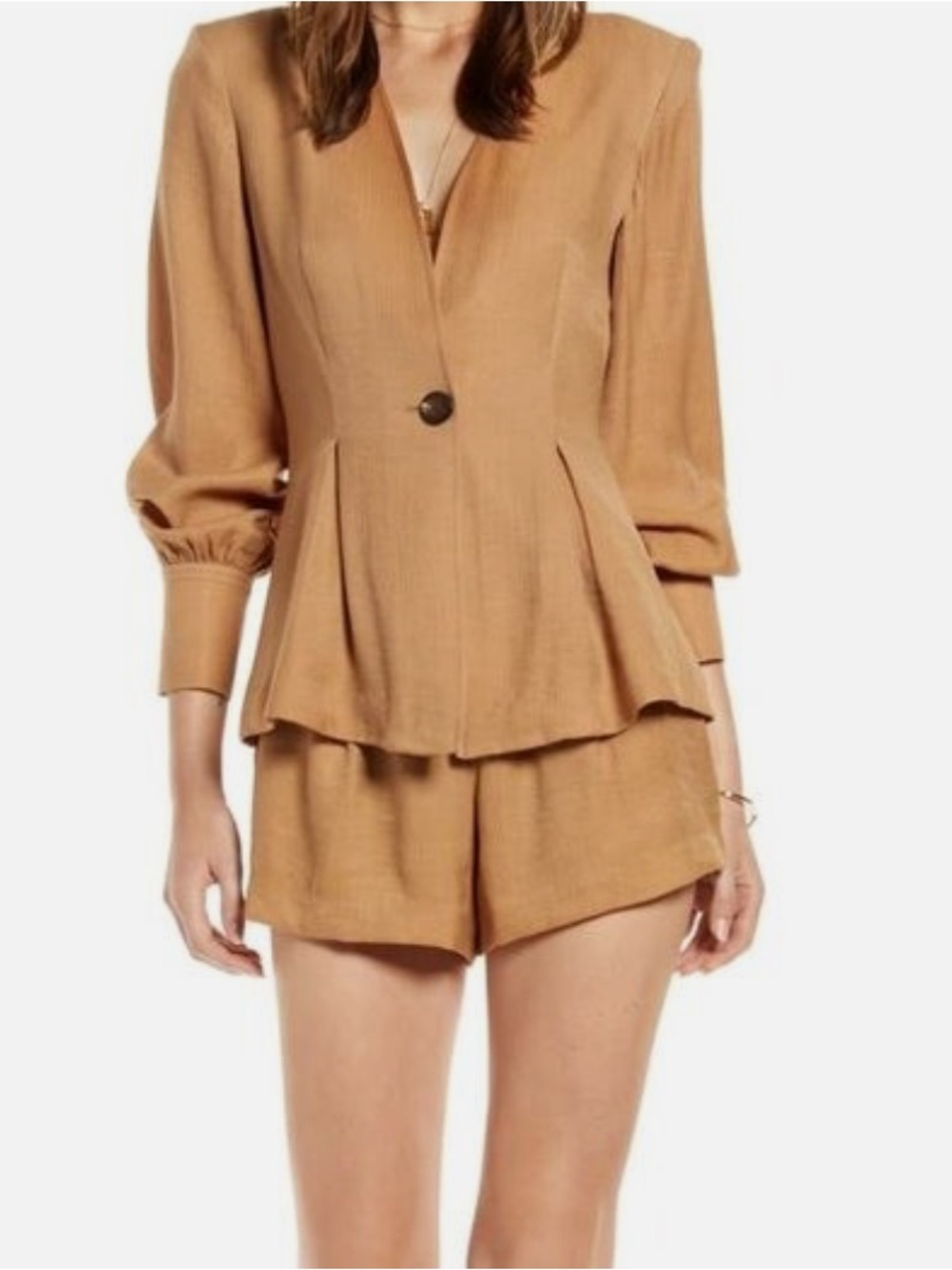Something Navy Tan One-Button Crinkled Peplum Blazer Wear to Work XS